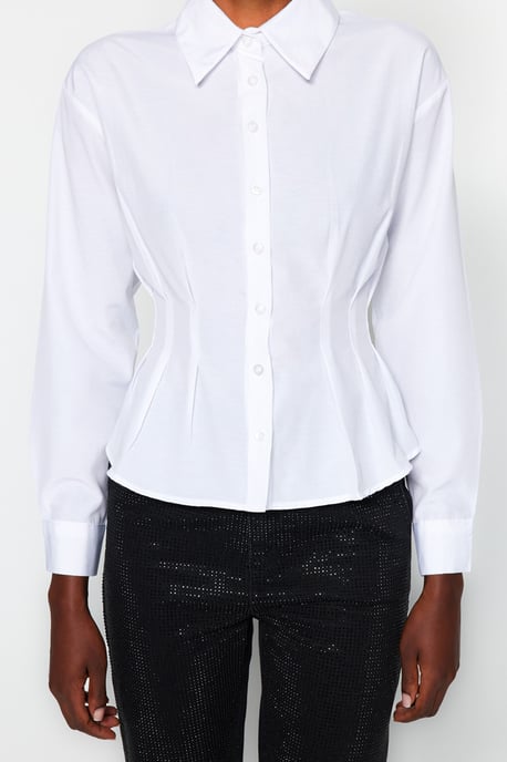 TRENDYOLMİLLA Damen Ecru Einfarbig Lang Tailliert Hemden - Image 3