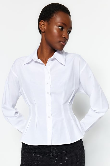 TRENDYOLMİLLA Damen Ecru Einfarbig Lang Tailliert Hemden - Image 6