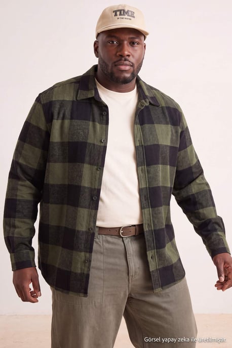 TRENDYOL MAN Herren Khaki Kariert Lang Regular Fit Große Größen Hemden - Image 1