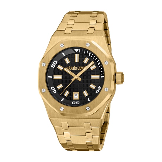ROBERTO CAVALLI Herrenuhr, Gehäuse in Goldfarbe, schwarzes Zifferblatt, Metallarmband in Goldfarbe, 3 Zeiger, Datumsanzeige, 3 ATM - Image 1