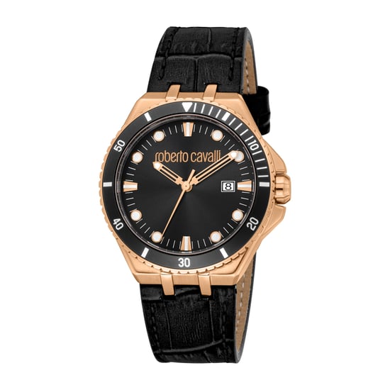 ROBERTO CAVALLI Herrenuhr, roségoldfarbenes Gehäuse, schwarzes Zifferblatt, schwarzes Lederarmband, 3 Zeiger, Datumsanzeige, 10 ATM - Image 1