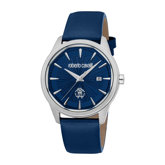 ROBERTO CAVALLI Herrenuhr, Gehäuse in Silberfarbe, dunkelblaues Zifferblatt, dunkelblaues Lederarmband, 3 Zeiger, Datumsanzeige, 5 ATM - Image 1