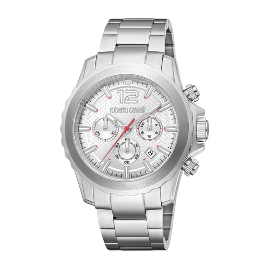 ROBERTO CAVALLI Herrenuhr, Gehäuse in Silberfarbe, silbernes Zifferblatt, Metallarmband aus Edelstahl, Chronograph, 10 ATM - Image 1