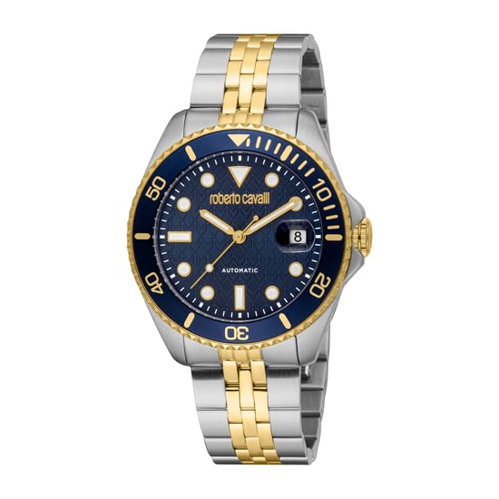 ROBERTO CAVALLI Herrenuhr, Gehäuse in Silber- und Goldoptik, dunkelblaues Zifferblatt, Metallarmband in Silber- und Goldoptik, Automatik, 10 ATM - Image 1