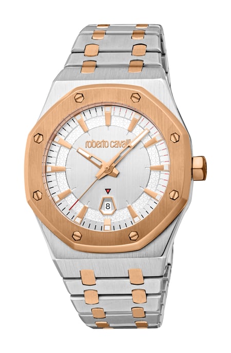 ROBERTO CAVALLI Herrenuhr, Gehäuse in zweifarbigem Silber- und Roségoldton, silbernes Zifferblatt, Metallarmband in zweifarbigem Silber- und Roségoldton, 3 Zeiger, Datumsanzeige, 3 ATM - Image 1
