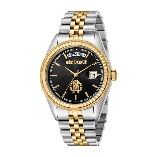 ROBERTO CAVALLI Herrenuhr, zweifarbige Gehäusefarbe Silber & Gold, schwarzes Zifferblatt, zweifarbiges Metallarmband in Silber & Gold, 3 Zeiger, Wochentag-Datum, 5 ATM - Image 1