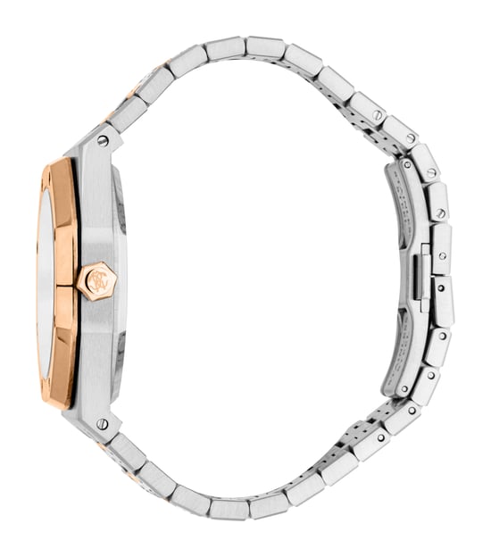 ROBERTO CAVALLI Herrenuhr, Gehäuse in zweifarbigem Silber- und Roségoldton, silbernes Zifferblatt, Metallarmband in zweifarbigem Silber- und Roségoldton, 3 Zeiger, Datumsanzeige, 3 ATM - Image 3