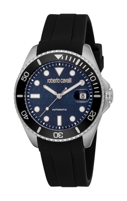ROBERTO CAVALLI Herrenuhr, silberfarbenes Gehäuse, dunkelblaues Zifferblatt, schwarzes Silikonarmband, Automatik, 10 ATM - Image 1