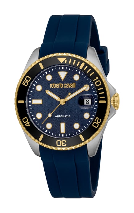 ROBERTO CAVALLI Herrenuhr, zweifarbiger Gehäuse in Silber- und Goldfarbe, dunkelblaues Zifferblatt, dunkelblaues Silikonarmband, Automatik, 10 ATM - Image 1