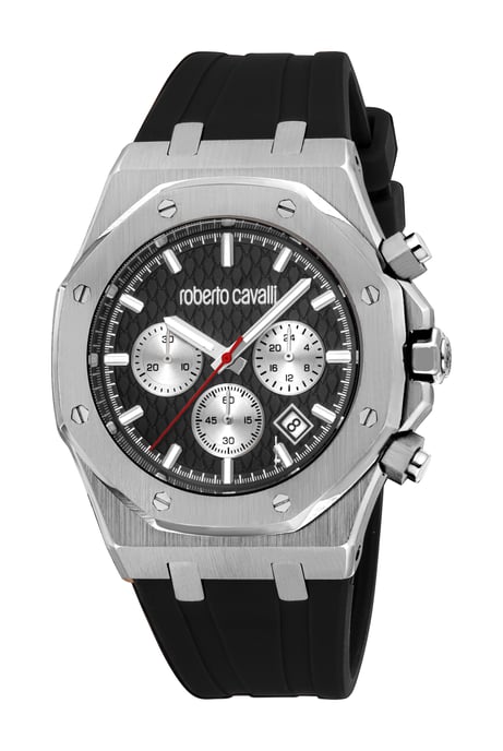 ROBERTO CAVALLI Herrenuhr, Gehäuse in Silberfarbe, schwarzes Zifferblatt, schwarzes Silikonarmband, Chronograph, 3 ATM - Image 1