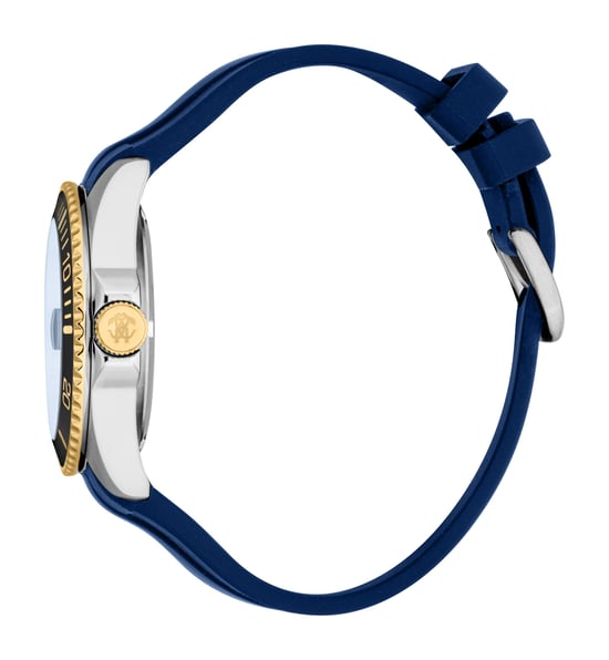 ROBERTO CAVALLI Herrenuhr, zweifarbiger Gehäuse in Silber- und Goldfarbe, dunkelblaues Zifferblatt, dunkelblaues Silikonarmband, Automatik, 10 ATM - Image 3