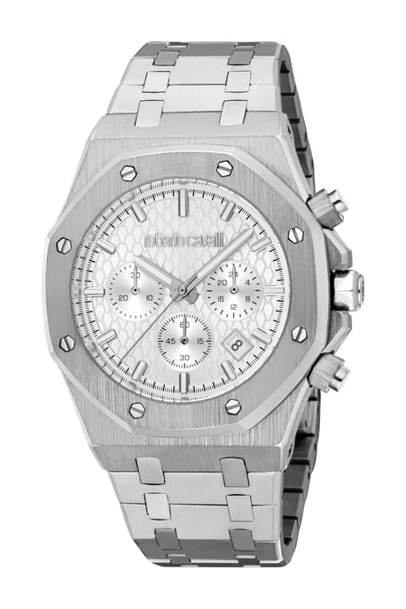 ROBERTO CAVALLI Herrenuhr, silberfarbenes Gehäuse, silberfarbenes Zifferblatt, Armband aus Edelstahl, Chronograph, 3 ATM - Image 1