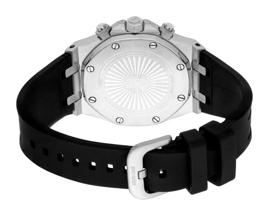 ROBERTO CAVALLI Herrenuhr, Gehäuse in Silberfarbe, schwarzes Zifferblatt, schwarzes Silikonarmband, Chronograph, 3 ATM - Image 2