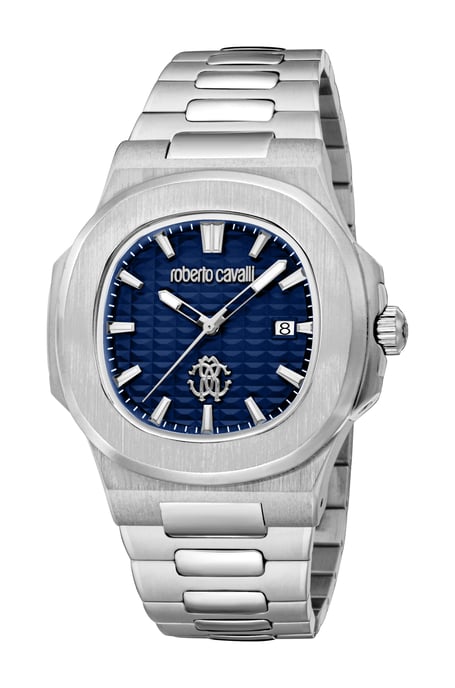 ROBERTO CAVALLI Herrenuhr, silberfarbenes Gehäuse, dunkelblaues Zifferblatt, Armband aus Edelstahl, 3 Zeiger, Datumsanzeige, 3 ATM - Image 1