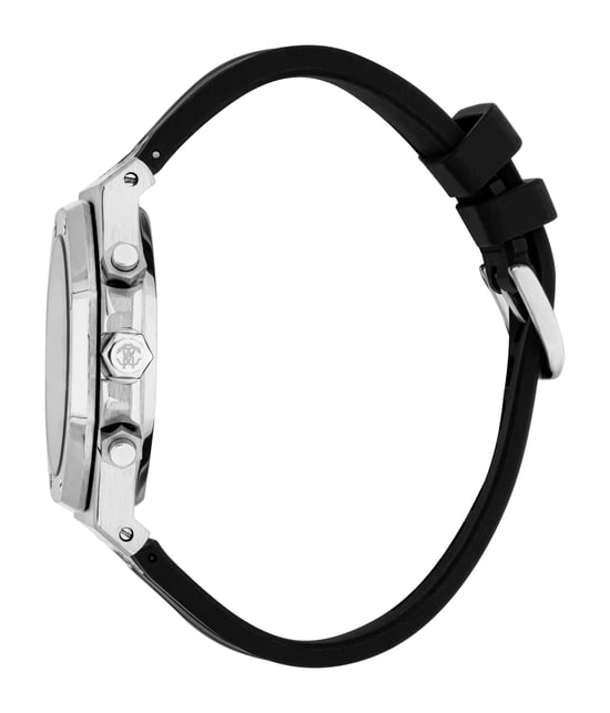 ROBERTO CAVALLI Herrenuhr, Gehäuse in Silberfarbe, schwarzes Zifferblatt, schwarzes Silikonarmband, Chronograph, 3 ATM - Image 3