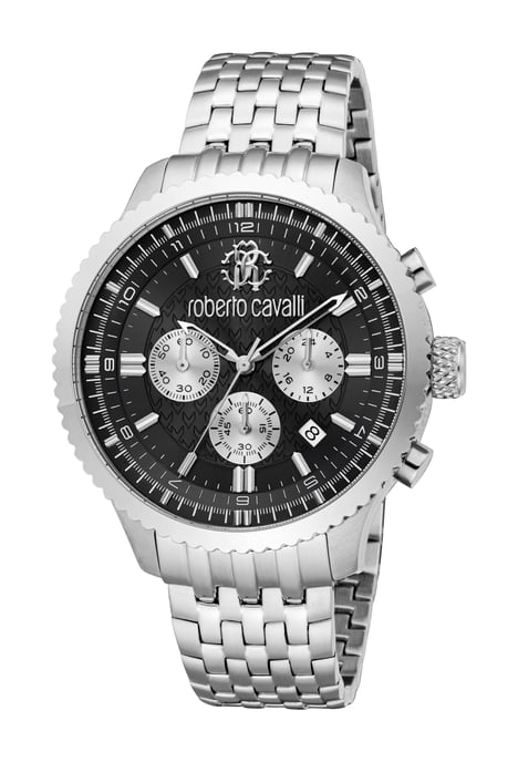 ROBERTO CAVALLI Herrenuhr, Gehäuse in Silberfarbe, schwarzes Zifferblatt, Metallarmband aus Edelstahl, Chronograph, 10 ATM - Image 1