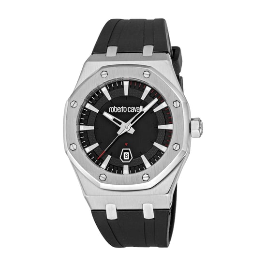 ROBERTO CAVALLI Herrenuhr, Gehäuse in Silberfarbe, schwarzes Zifferblatt, schwarzes Silikonarmband, 3 Zeiger, Datumsanzeige, 3 ATM - Image 1