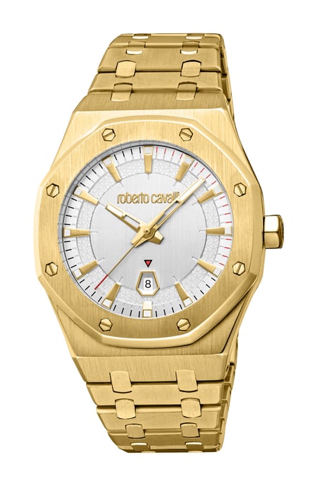 ROBERTO CAVALLI Herrenuhr, Gehäuse in Goldfarbe, silbernes Zifferblatt, Metallarmband in Goldfarbe, 3 Zeiger, Datumsanzeige, 3 ATM - Image 1