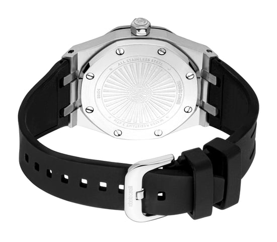 ROBERTO CAVALLI Herrenuhr, Gehäuse in Silberfarbe, schwarzes Zifferblatt, schwarzes Silikonarmband, 3 Zeiger, Datumsanzeige, 3 ATM - Image 2