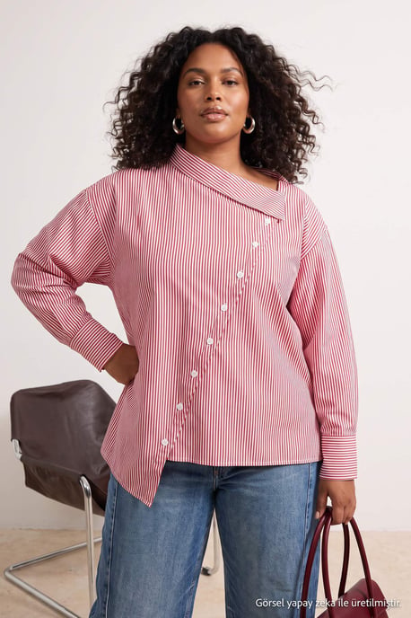 Trendyol Curve Damen Bordeaux Einfarbig Lang Regular Fit Große Größen Hemden - Image 6