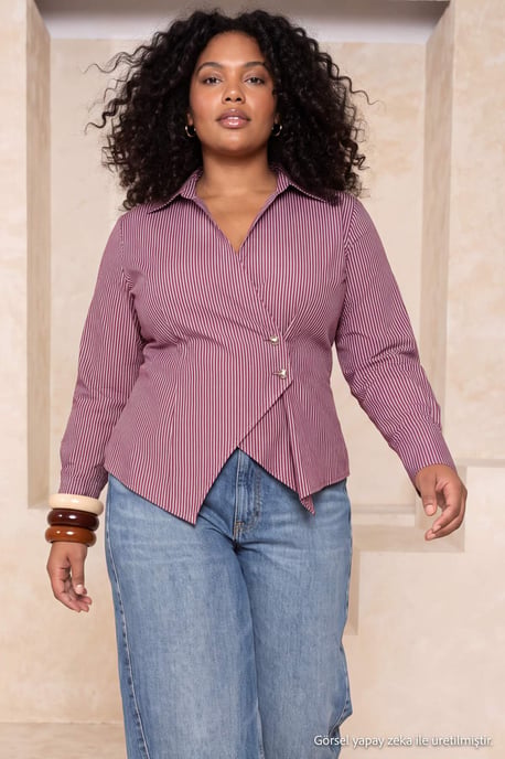 Trendyol Curve Damen Bordeaux Gestreift Lang Tailliert Große Größen Hemden - Image 6