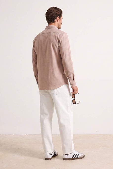 TRENDYOL MAN Herren Beige Gestreift Lang Regular Fit Hemden - Image 3