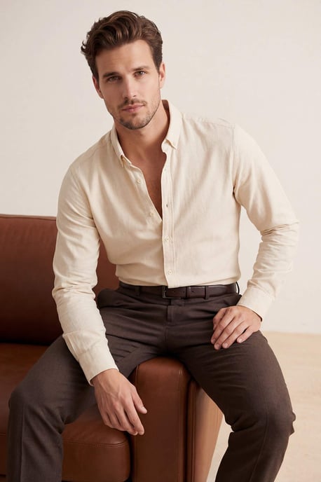 TRENDYOL MAN Herren Beige Einfarbig Lang Regular Fit Hemden - Image 6