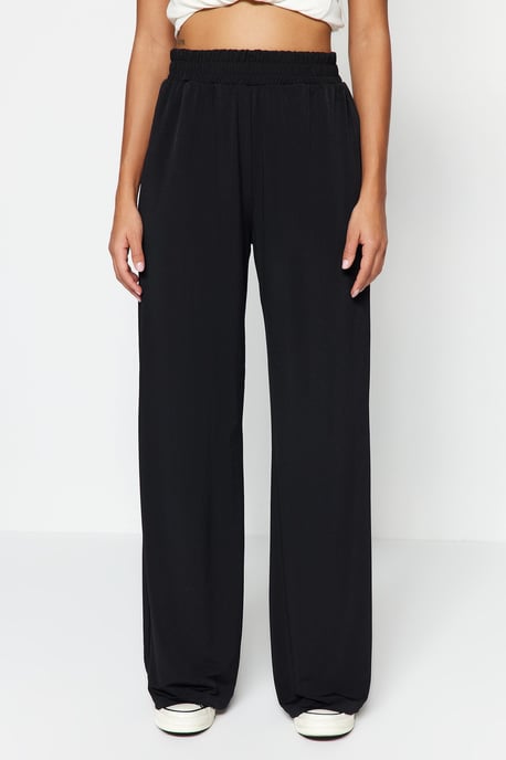 TRENDYOLMİLLA Damen Schwarz Einfarbig Weites Bein Normale Taille Hosen - Image 2