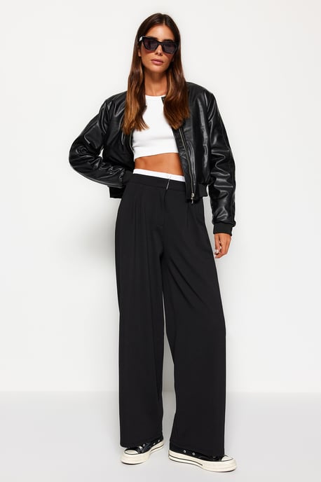 TRENDYOLMİLLA Damen Schwarz Einfarbig Weites Bein Hohe Taille Hosen - Image 6