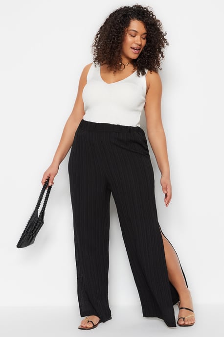 Trendyol Curve Damen Schwarz Strukturiert Weites Bein Hohe Taille Große Größen Hosen - Image 1
