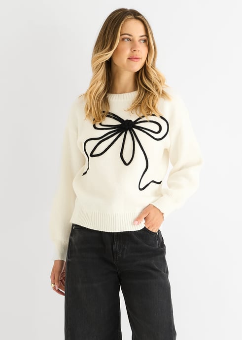 Cremefarbener Pullover mit kontrastierendem Schleifenmuster in Übergröße - Image 2