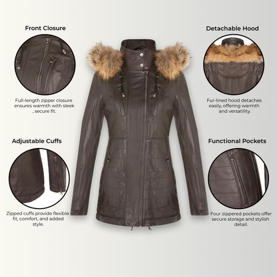 Damen-Parka aus gestepptem Leder in Braun – Winton - Image 3