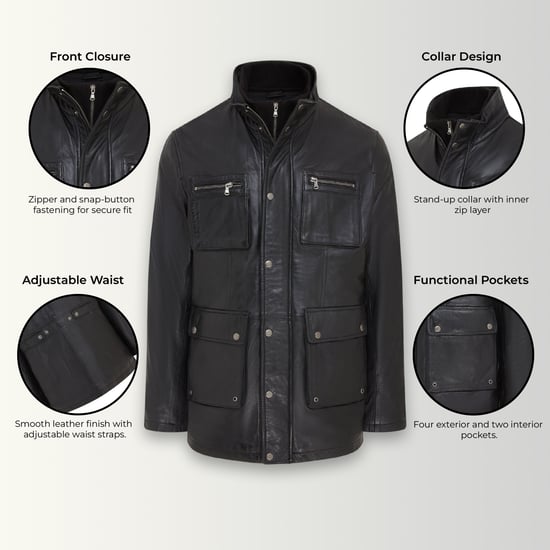 Herren Schwarze Leder Militärjacke Outwear Mantel - Field - Image 3