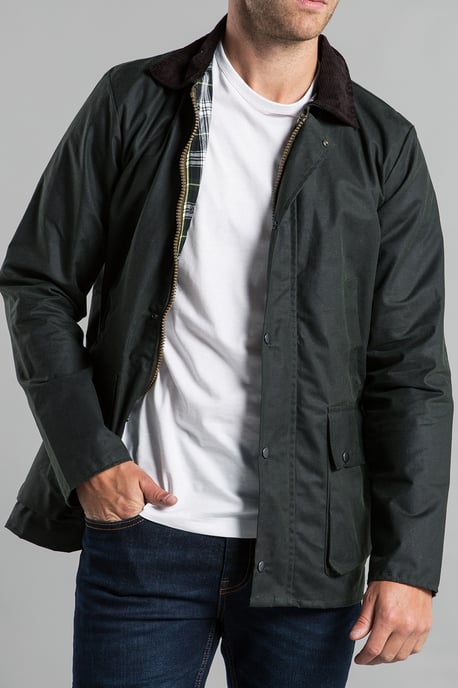 Olive Cotton Wax Jacket With Corduroy Collar - Image 4