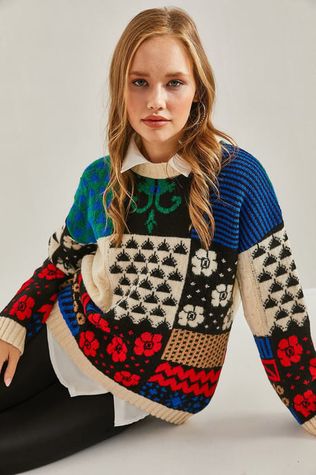 Dicker abstrakter Rippstrickpullover mit Rundhalsausschnitt - Image 2