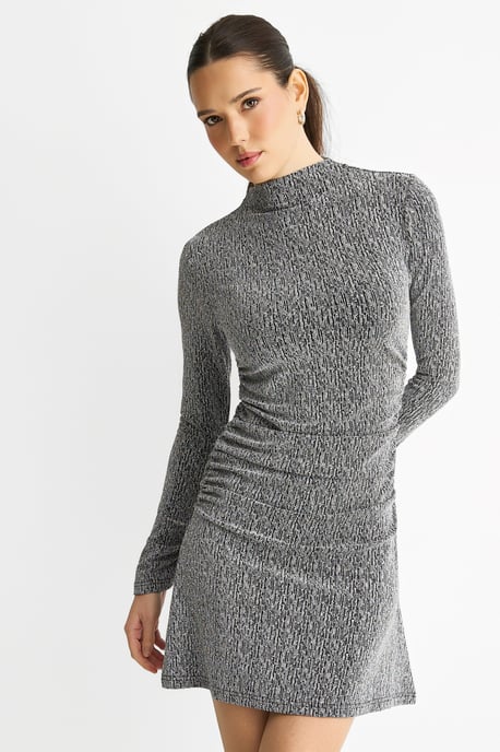 Graues hochgeschlossenes Nietenkleid Hot Fix Stretchy Mini Dress - Image 2