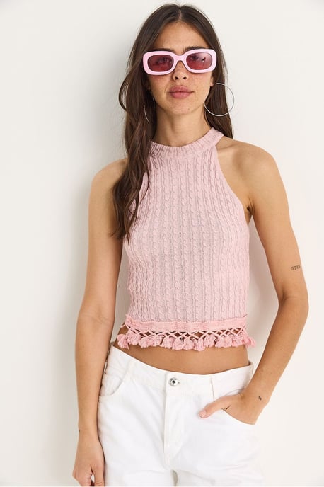 Strukturierte Halterneck-Fitted-Crop-Bluse - Image 2