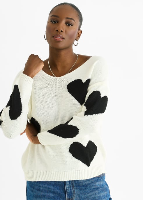 Weißer Pullover mit V-Ausschnitt und übergroßem Herzmuster - Image 2