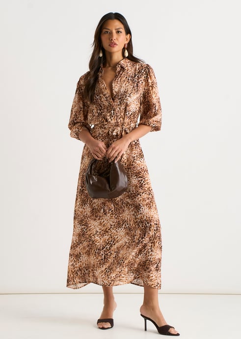 Braunes Hemd-Midikleid mit Tiermuster - Image 1