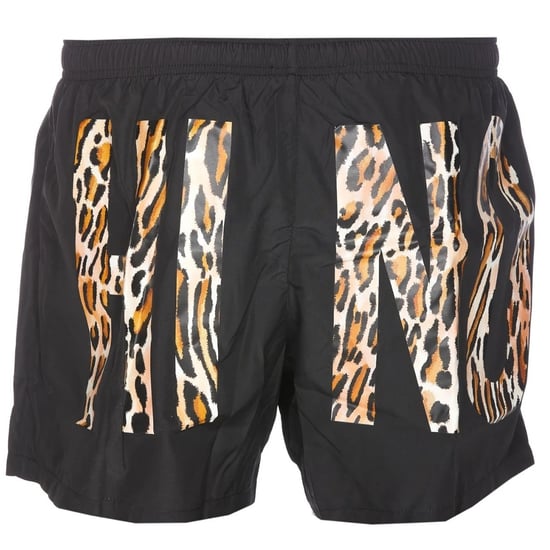 Schwarze kurze Badeshorts mit Leopardenmuster und Logo von Moschino - Image 2