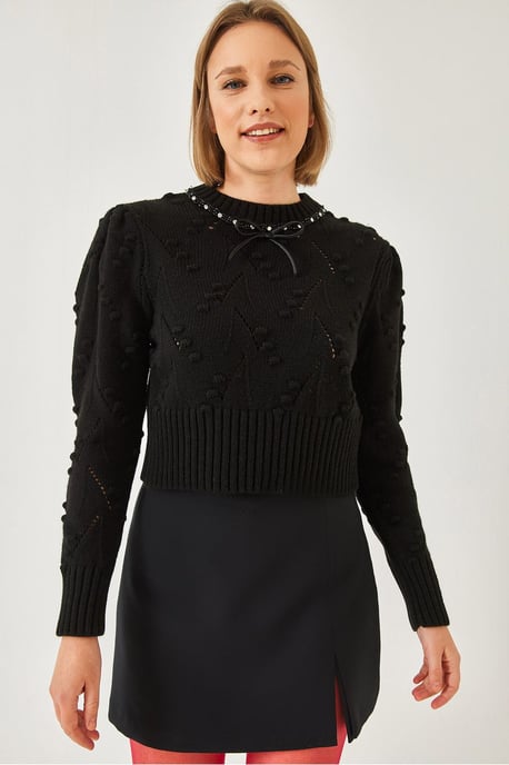 Strukturiertes Besticktes Rundhals Enges Crop Sweater - Image 2