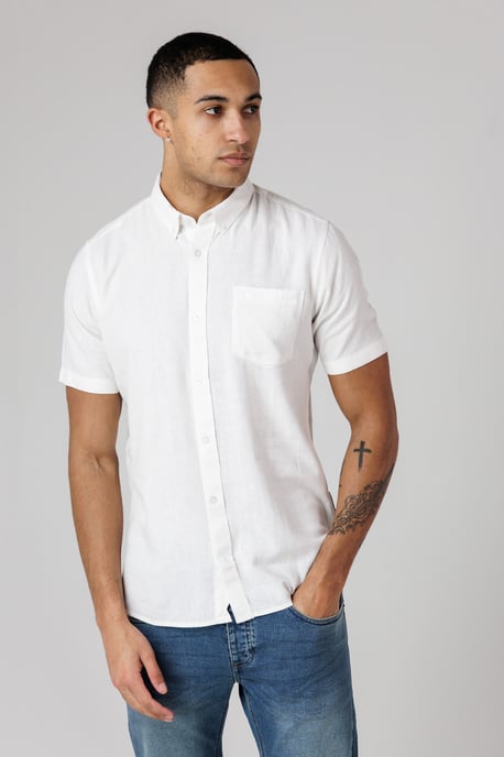 White Linen Blend Short Sleeve Chest Pocket Shirt - Image 1