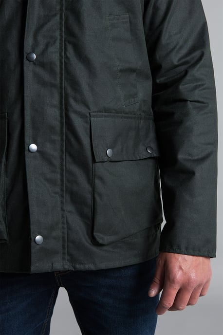 Olive Cotton Wax Jacket With Corduroy Collar - Image 5