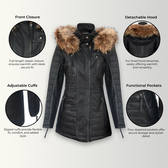 Damen-Parka aus gestepptem Leder in Schwarz – Winton - Image 3