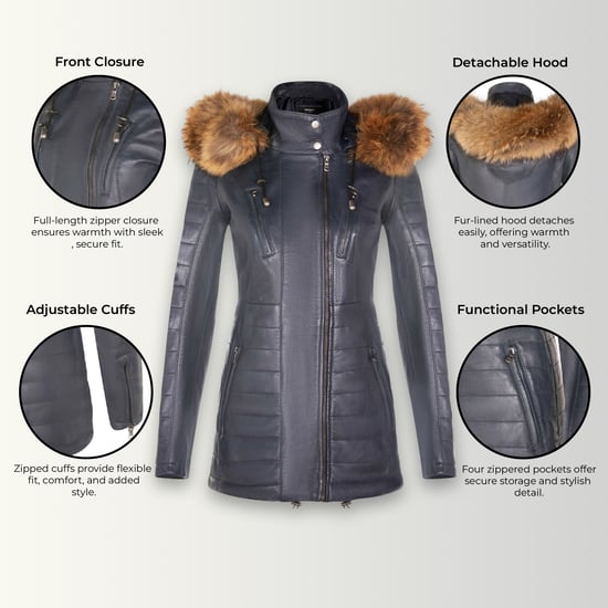 Blaue gesteppte Parkajacke aus Leder für Damen – Winton - Image 3