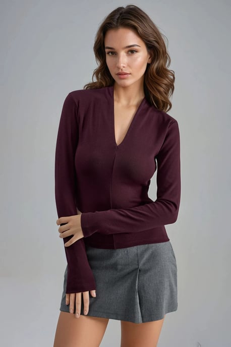 Slim Fit V-Ausschnitt Langarmbluse - Image 2
