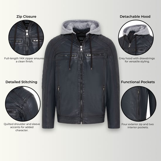 Blaue Bikerjacke aus Lammleder mit Kapuze für Herren – Kingston - Image 3
