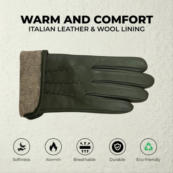 Damen-Autofahrerhandschuhe aus olivgrünem italienischem Leder mit weichem Wollfutter und Winter-Ziernahtdesign - Image 3